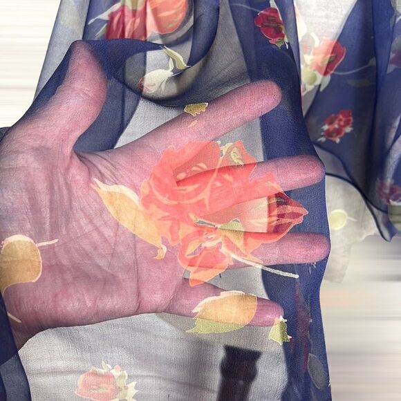 Silk Chiffon Blue with Floral Roses Print Lightweight scarf - Picture 3 of 13